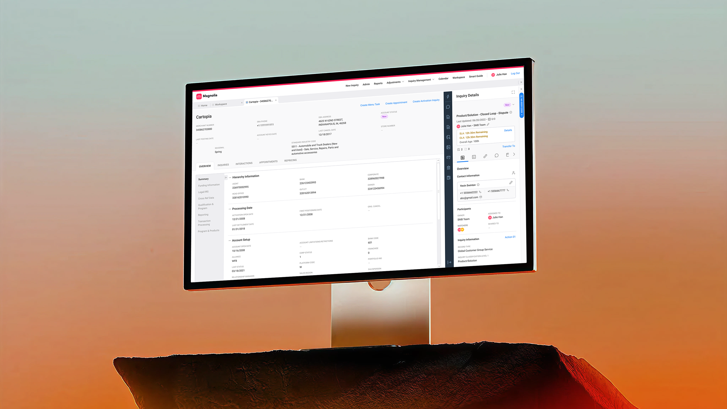 Product screens from a merchant inquiry workspace