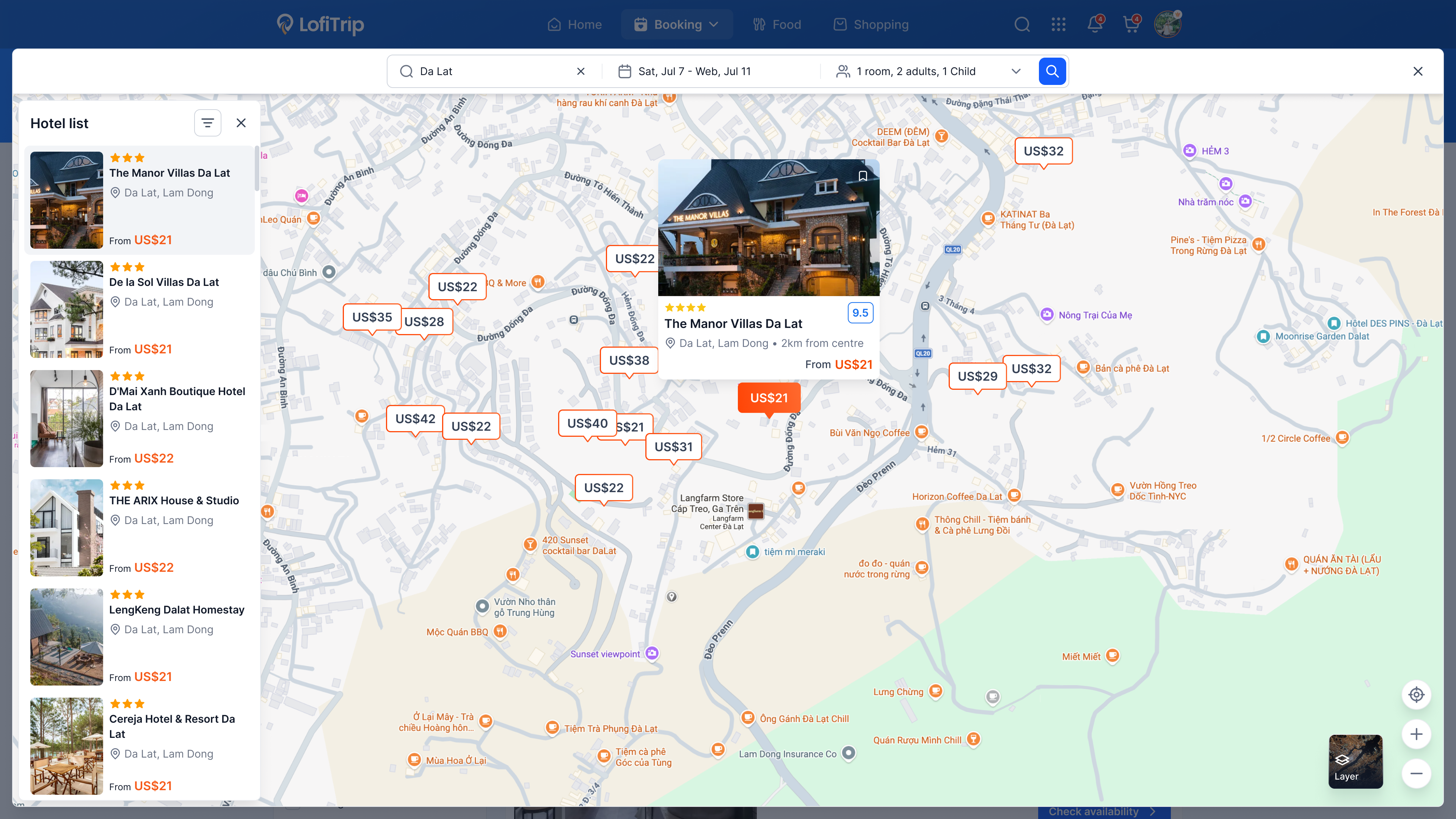 Hotel list paired with an interactive map showing pinned prices near the search area