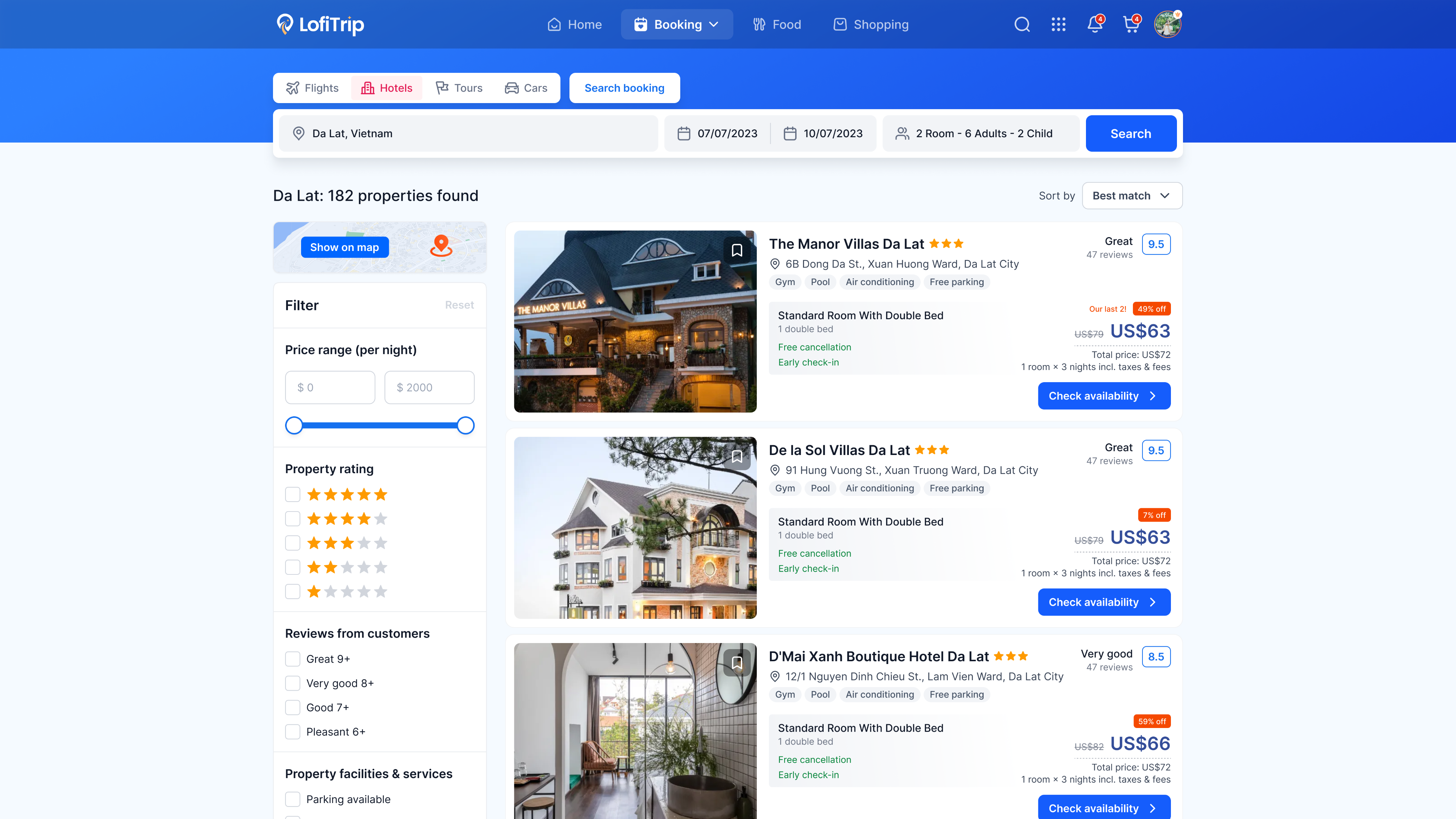 Hotel search results list with filters for price range, property rating, and facilities