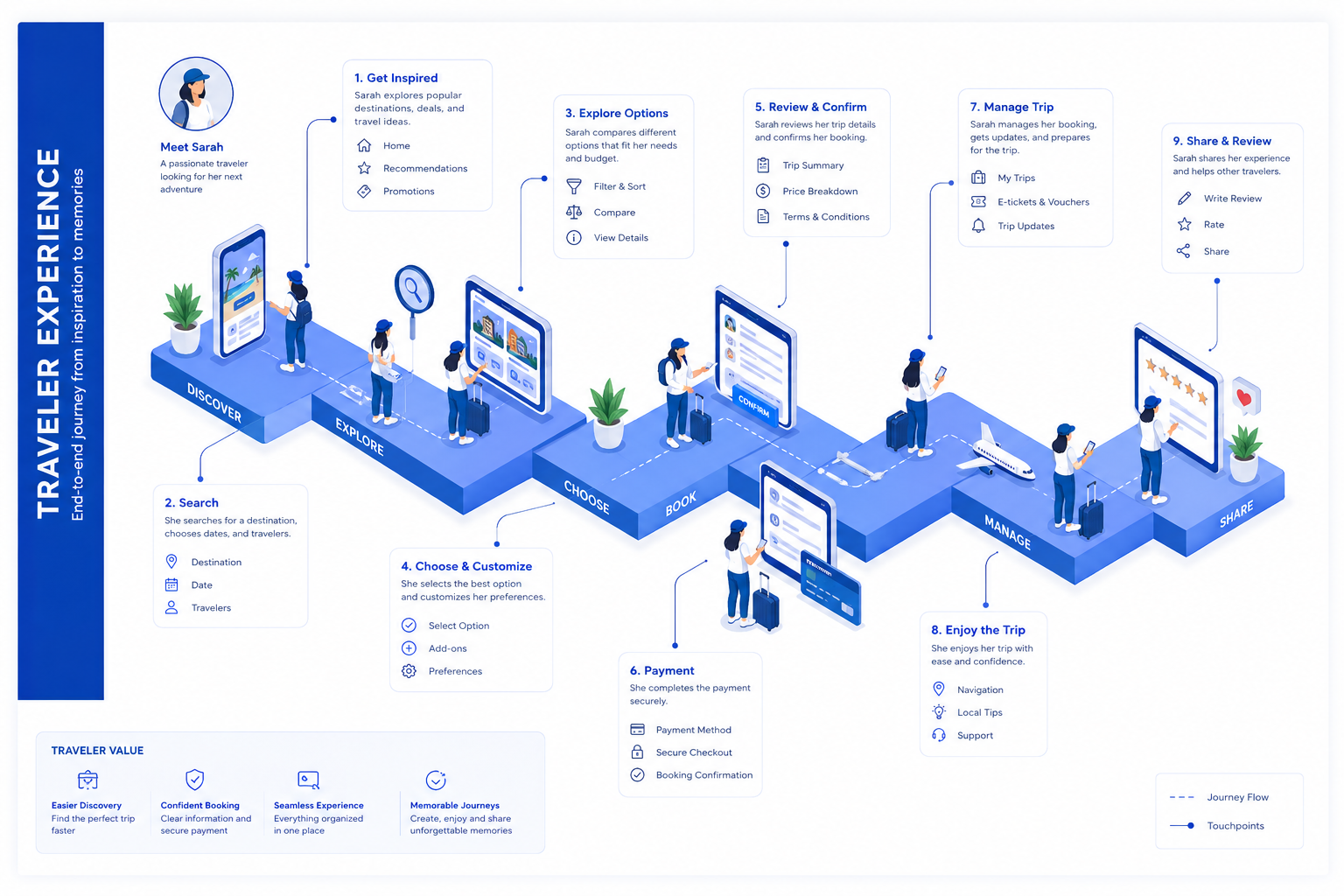 Illustration of the traveler experience journey, from search and compare to booking, payment, check-in, and enjoying the trip