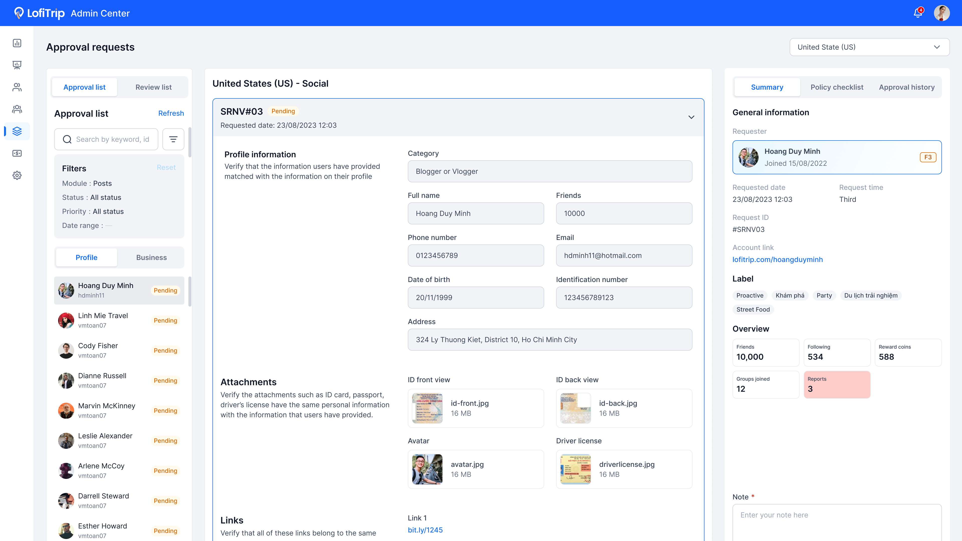 Approved account verification request with profile and identity details