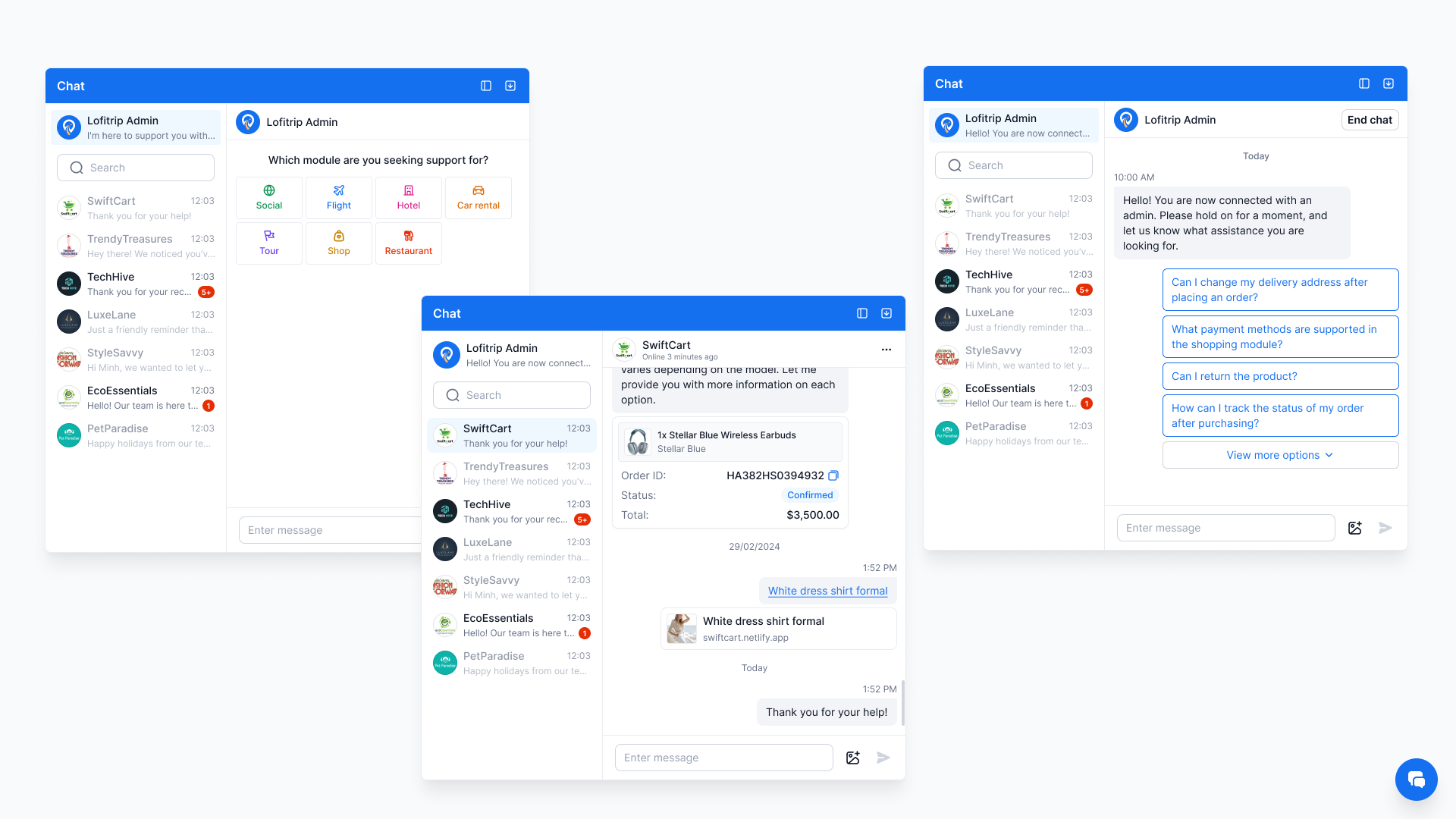 Customer support chat interface mockups on two phone screens