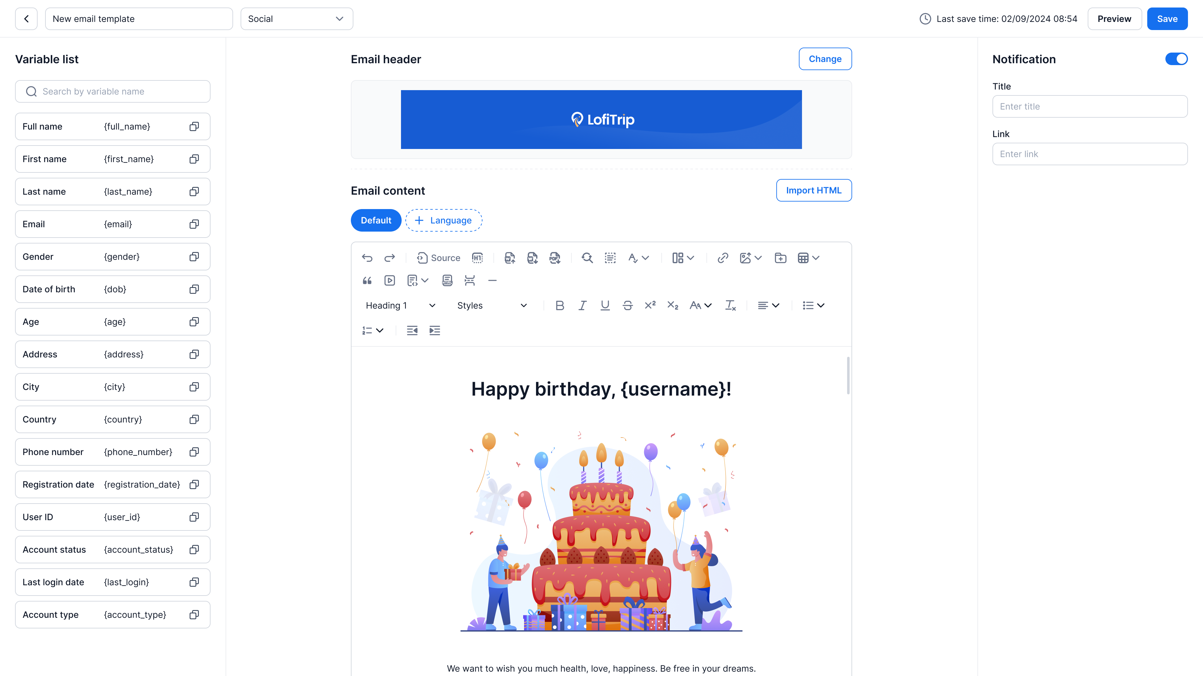 New email template editor showing a birthday email design with header, content blocks, and notification settings