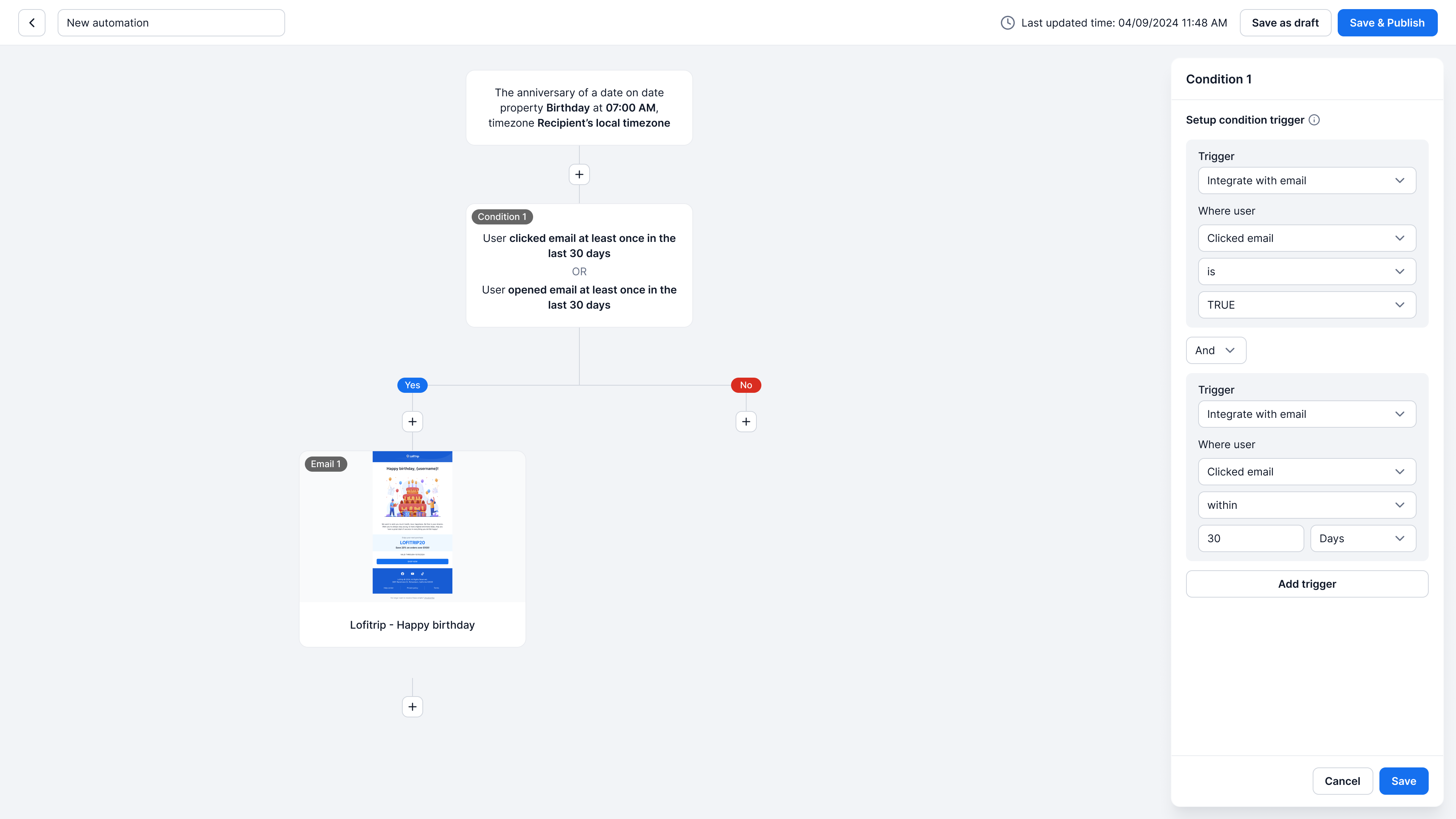 Email automation flow builder showing a birthday trigger, condition, and connected email step