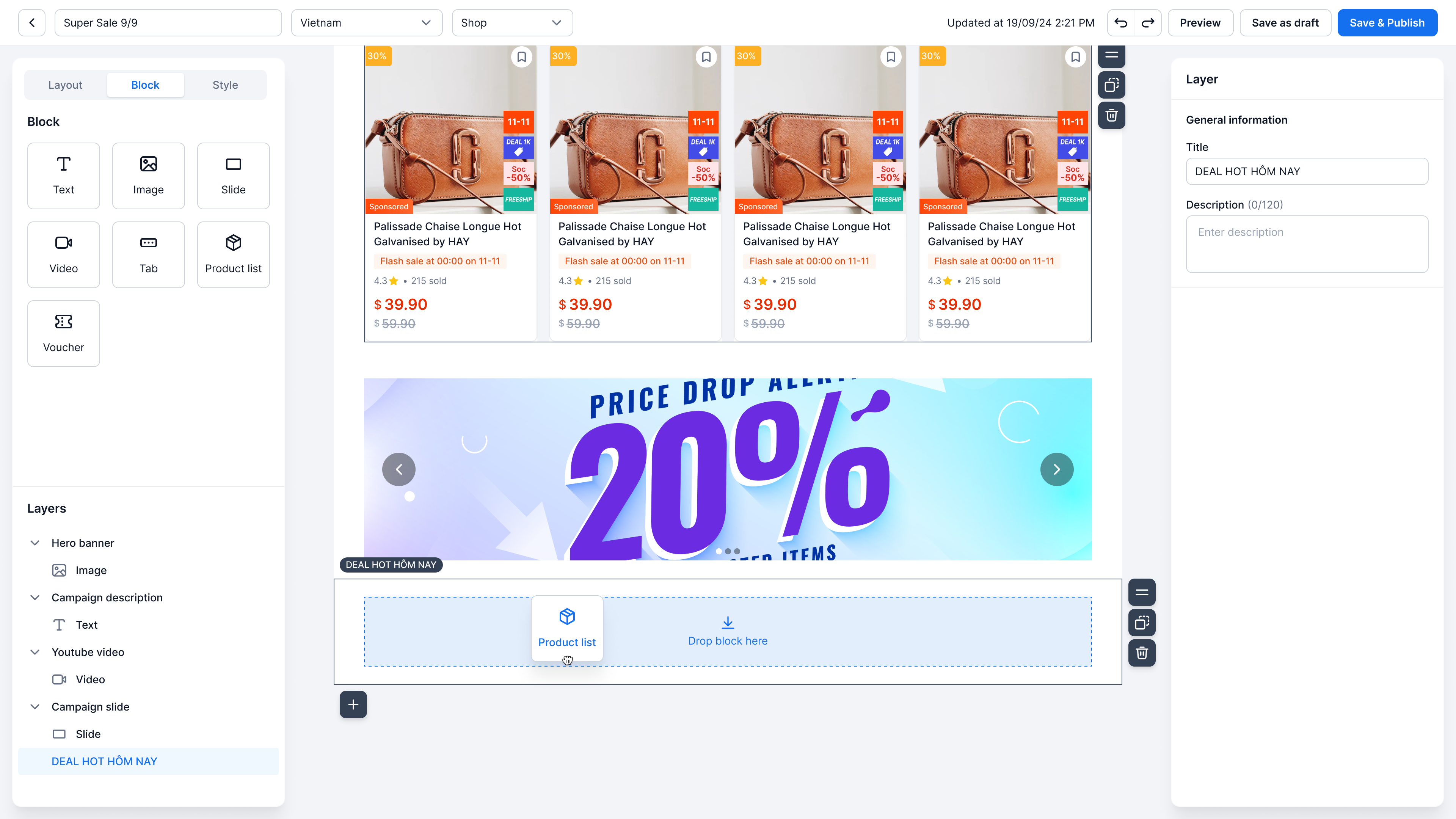 Campaign page builder showing a product list block and a 20% price-drop promotional banner
