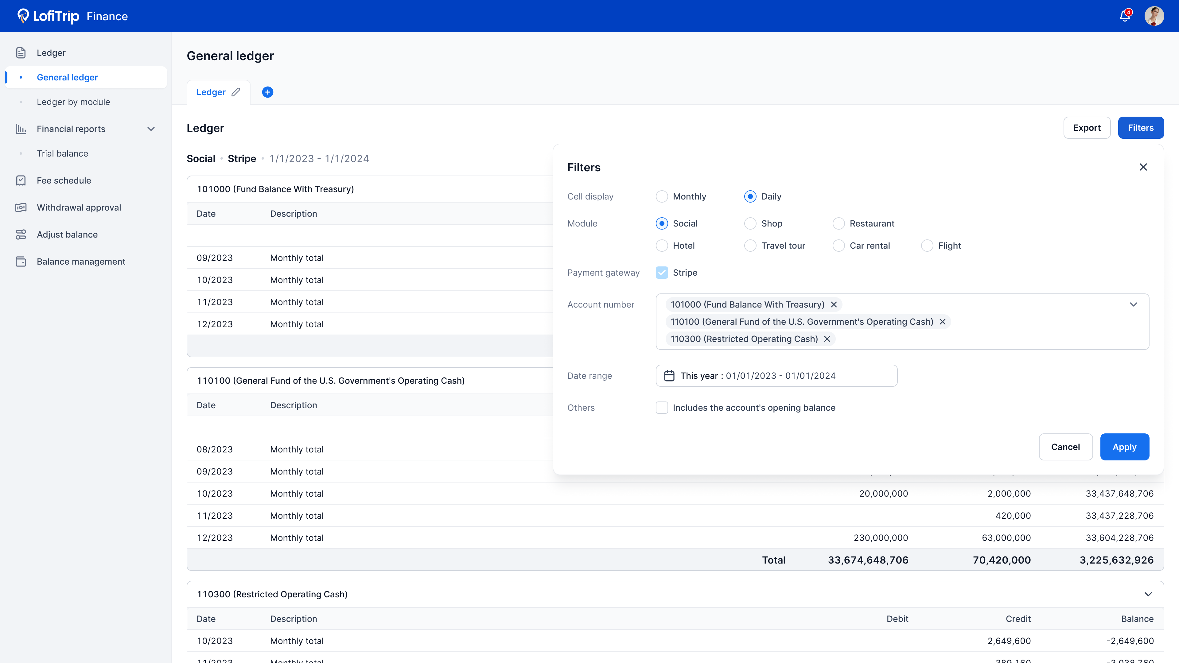 General ledger screen with account filters and a detailed transaction table