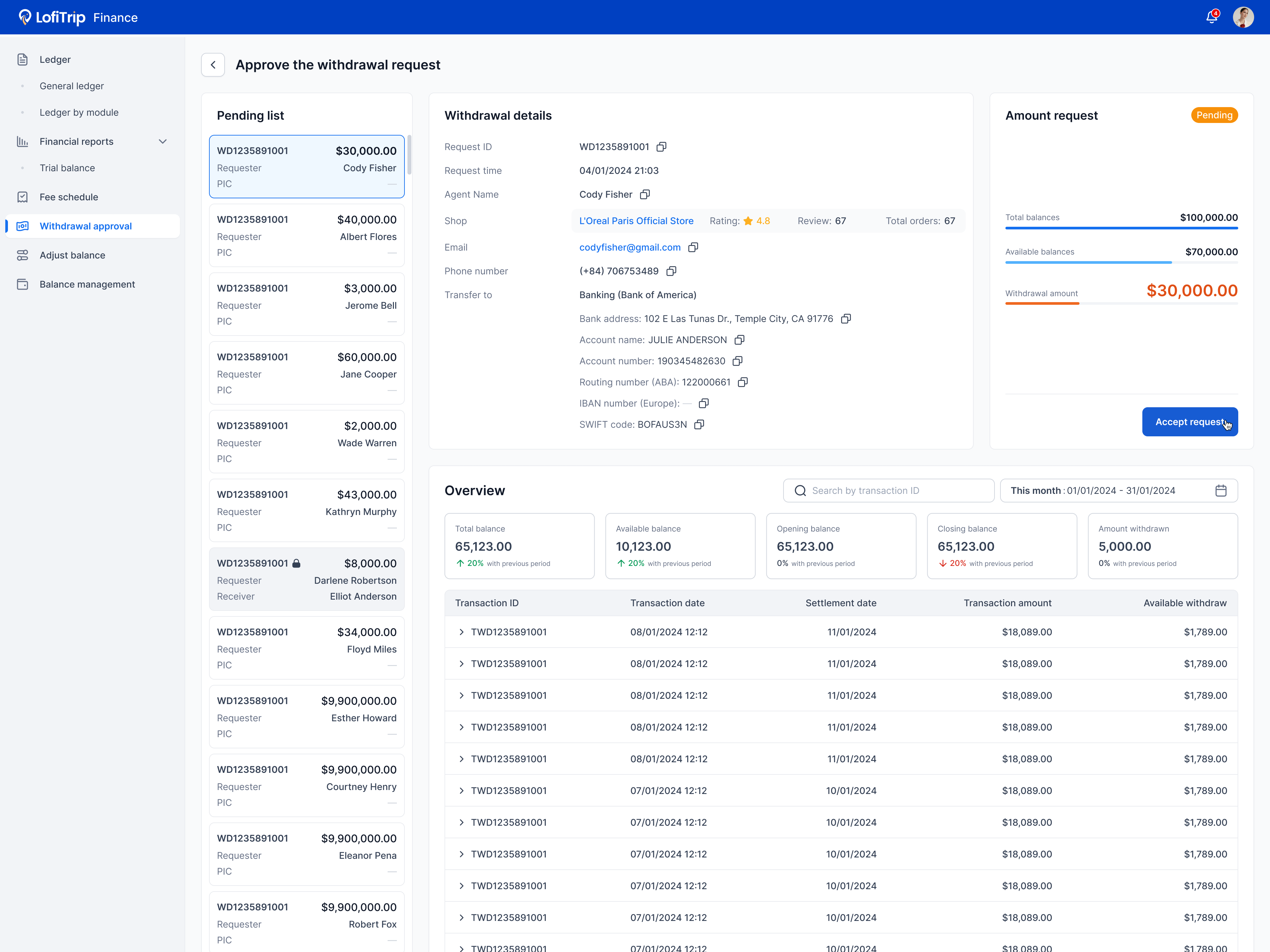 Approve the withdrawal request screen with a pending list and request details