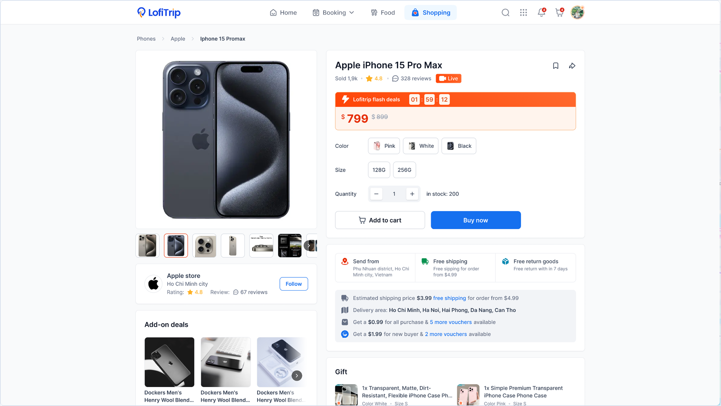 Product detail page for the Apple iPhone 15 Pro Max with pricing, options, and add-on deals