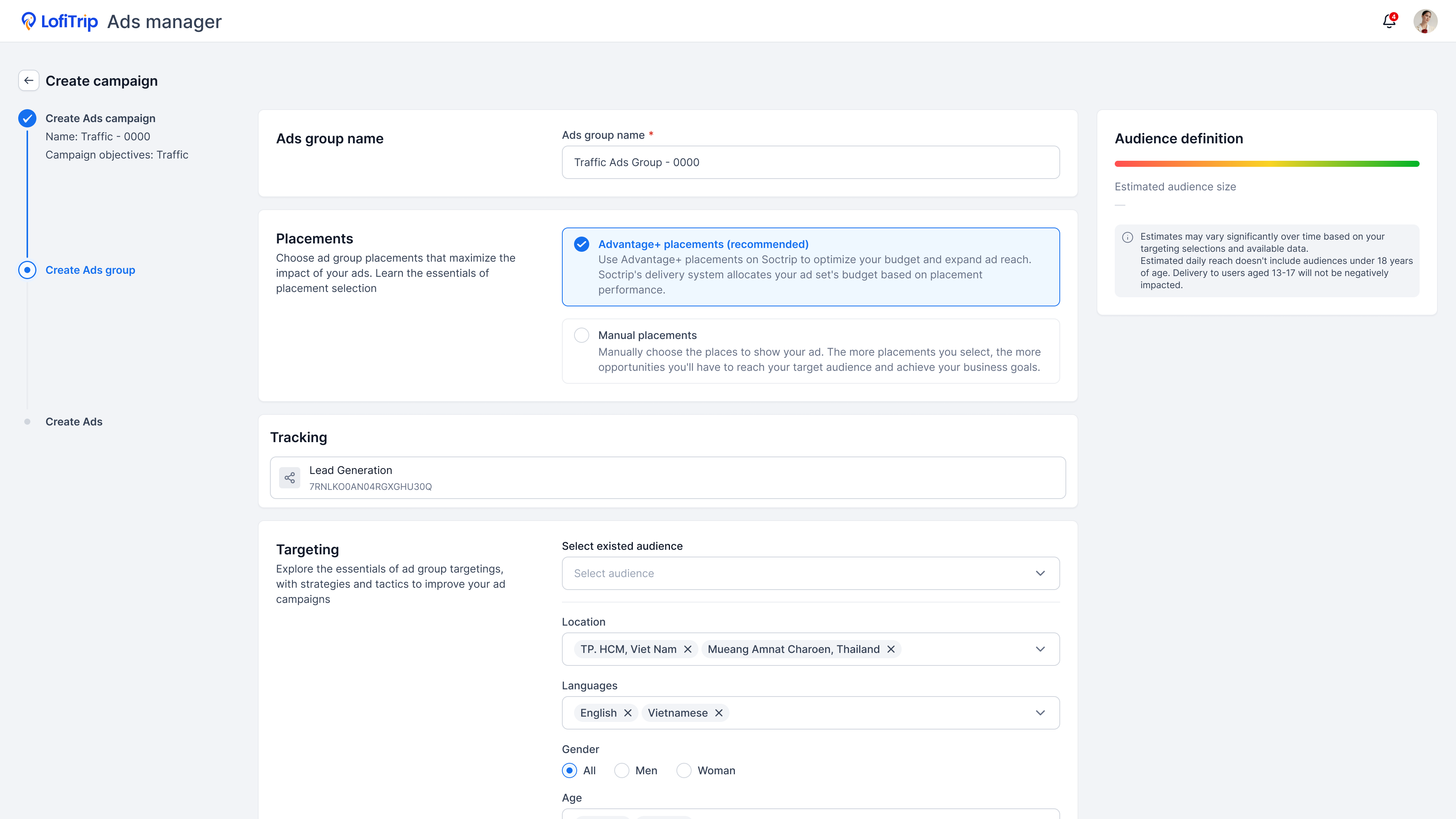 Ad campaign setup screen for choosing placements, tracking, and audience targeting