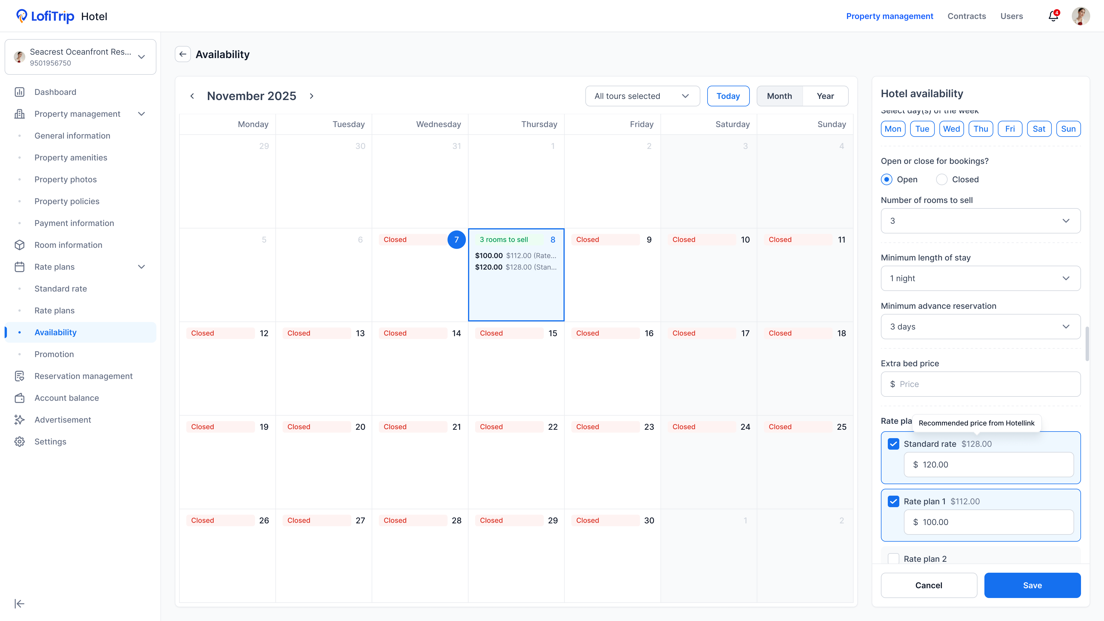 Hotel availability calendar showing open and closed dates, room counts, and nightly rates