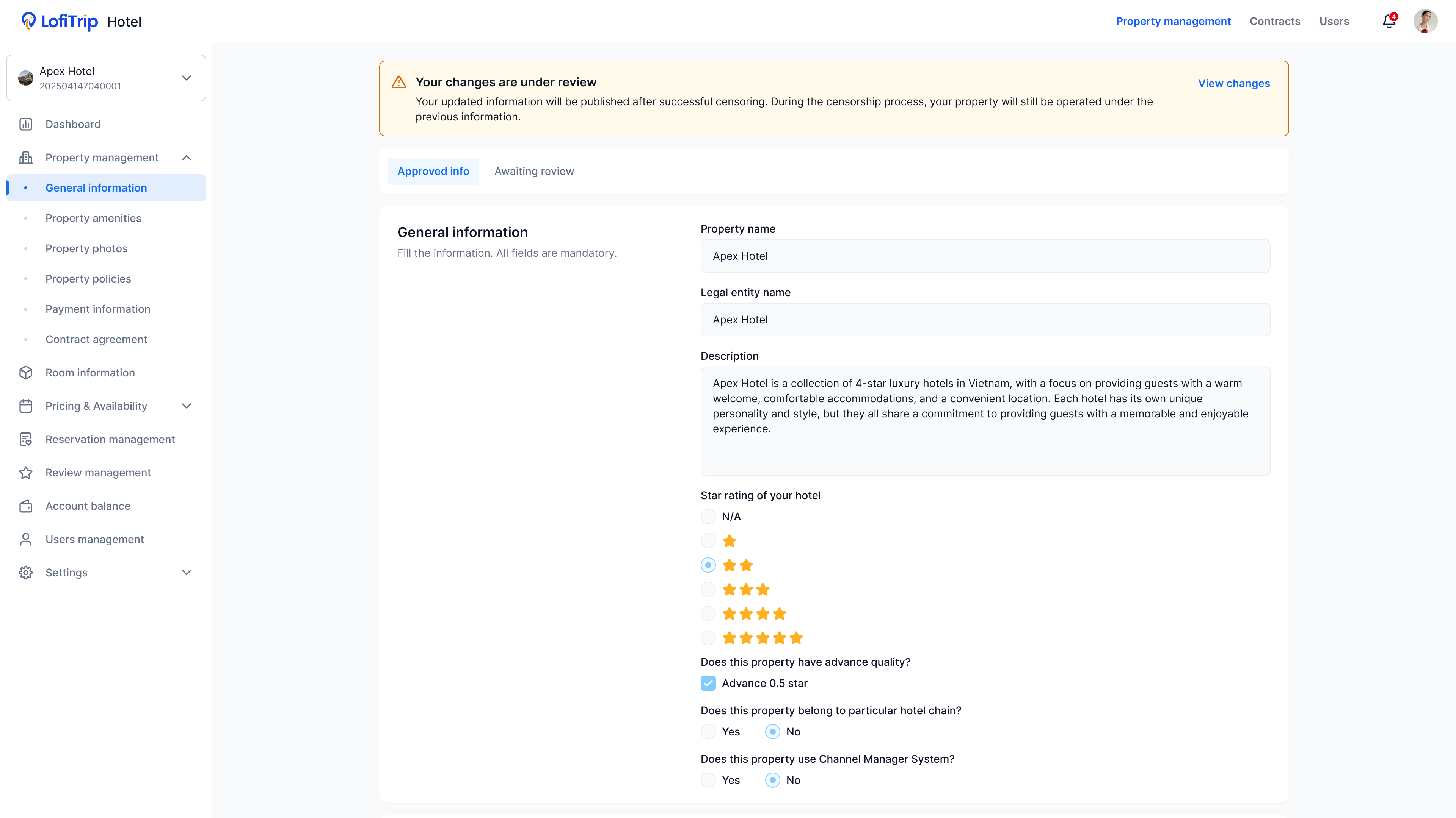 Property general information screen showing hotel description, star rating, and approval status
