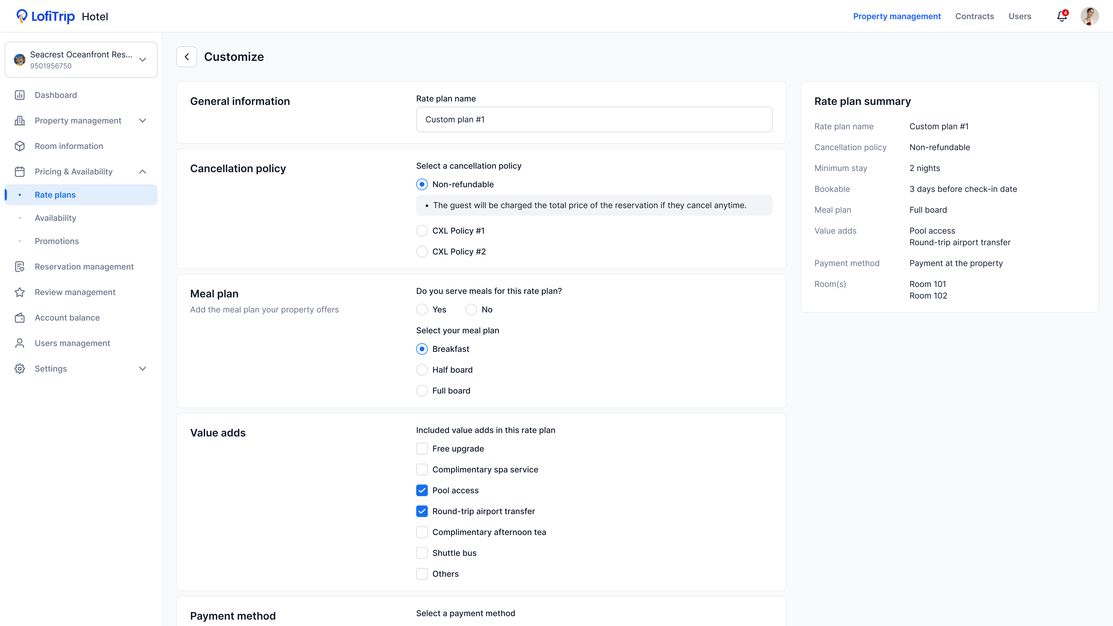 Rate plan customization screen with cancellation policy, meal plan, and value-add options