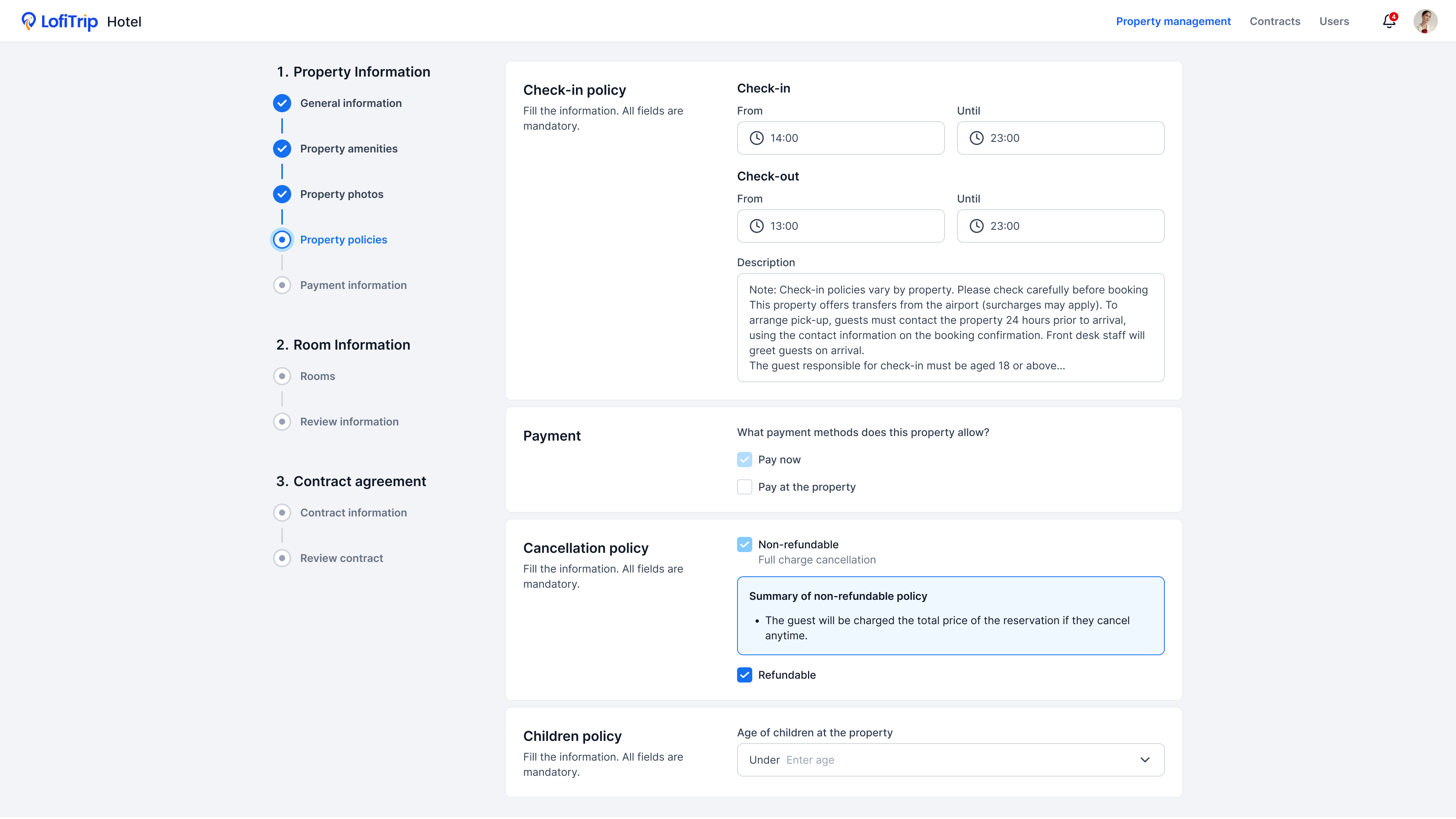 Property policies screen covering check-in and check-out times, payment methods, and cancellation policy