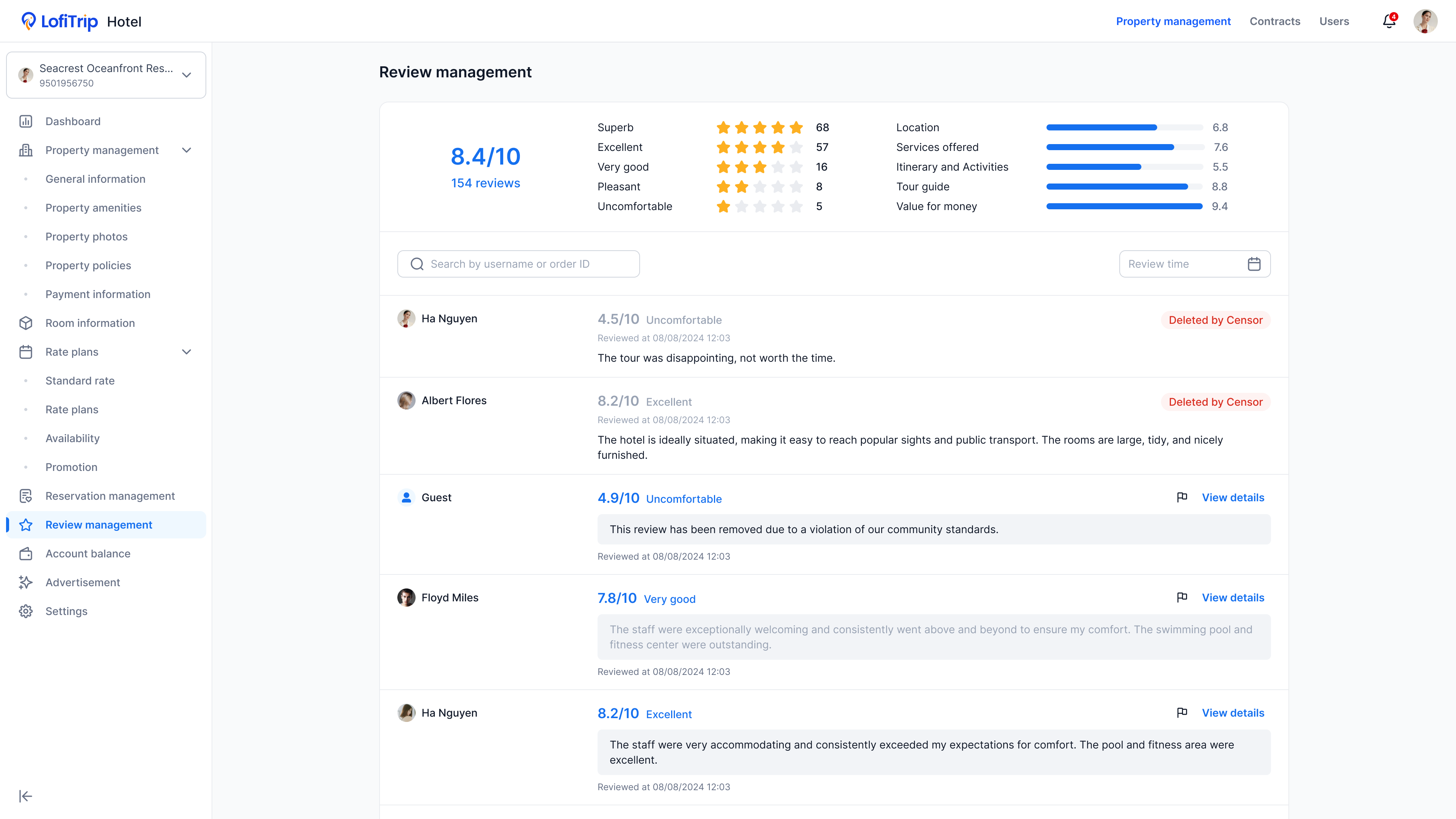 Review management dashboard showing guest ratings, category scores, and moderated reviews