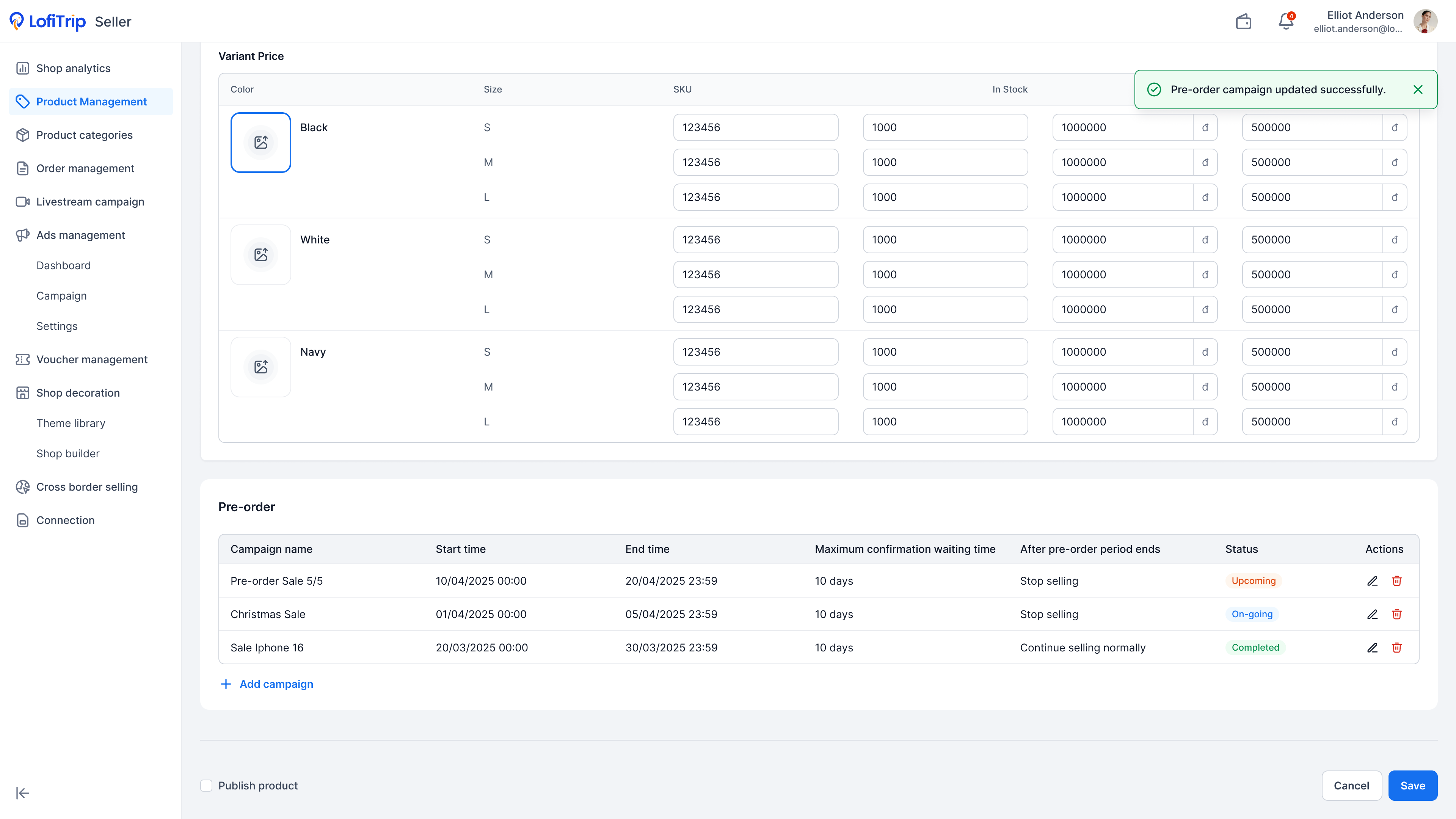 Product variant pricing table with pre-order campaign settings