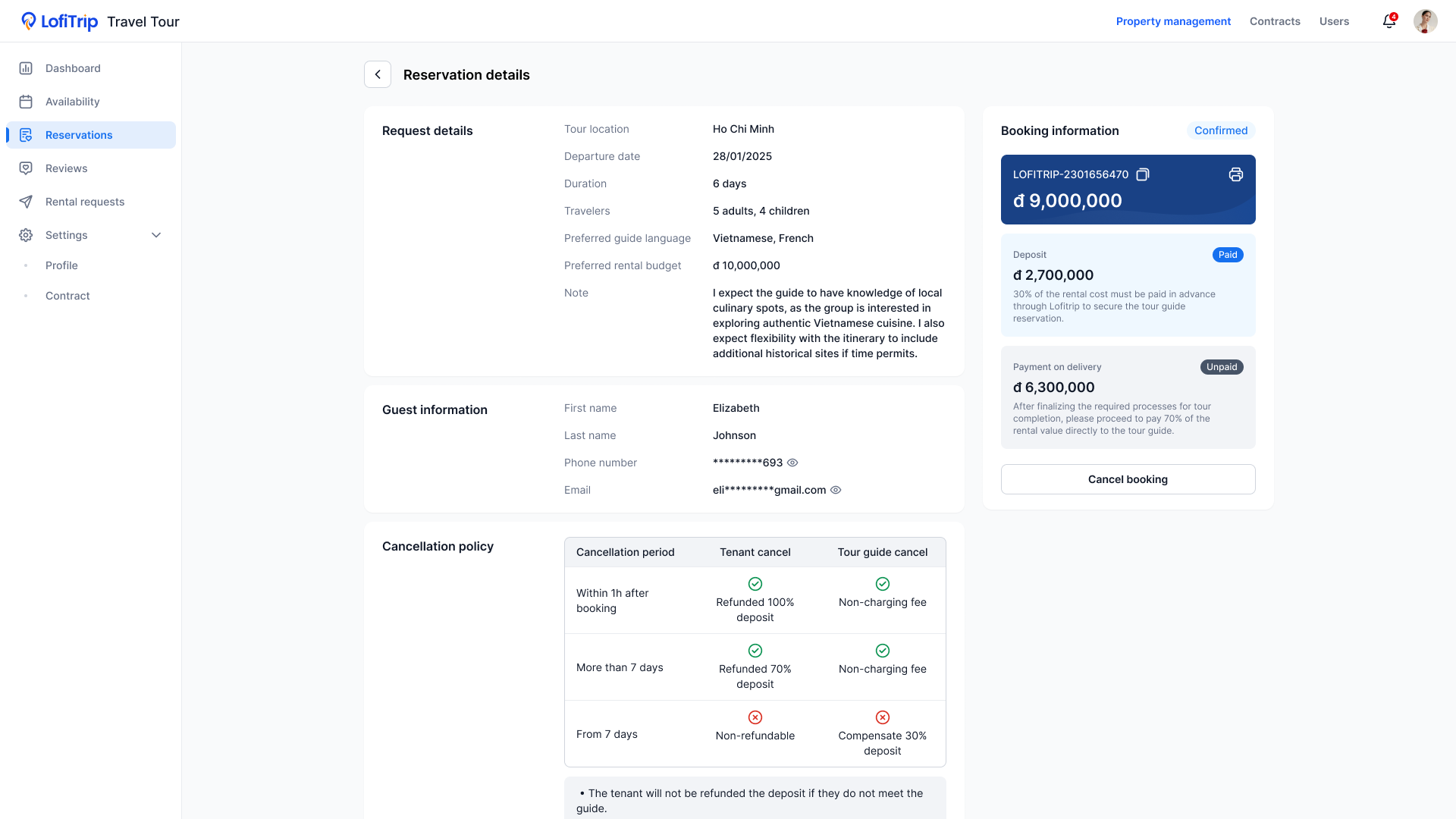 Tour reservation details screen showing guest information, pricing, and cancellation policy