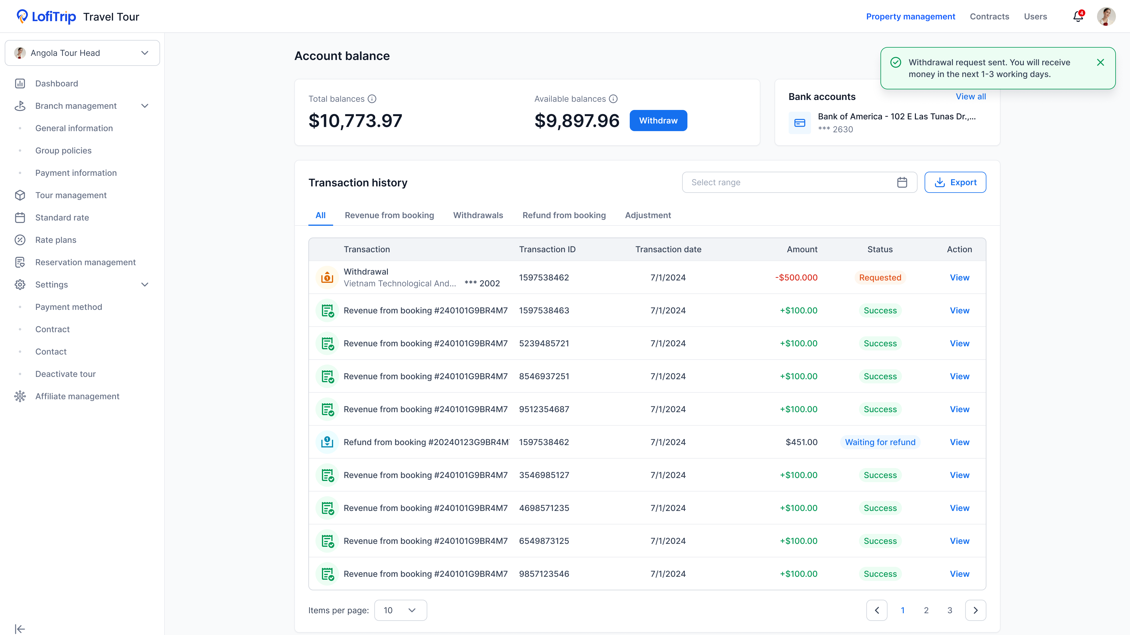Tour operator account balance screen with transaction history and a withdrawal request