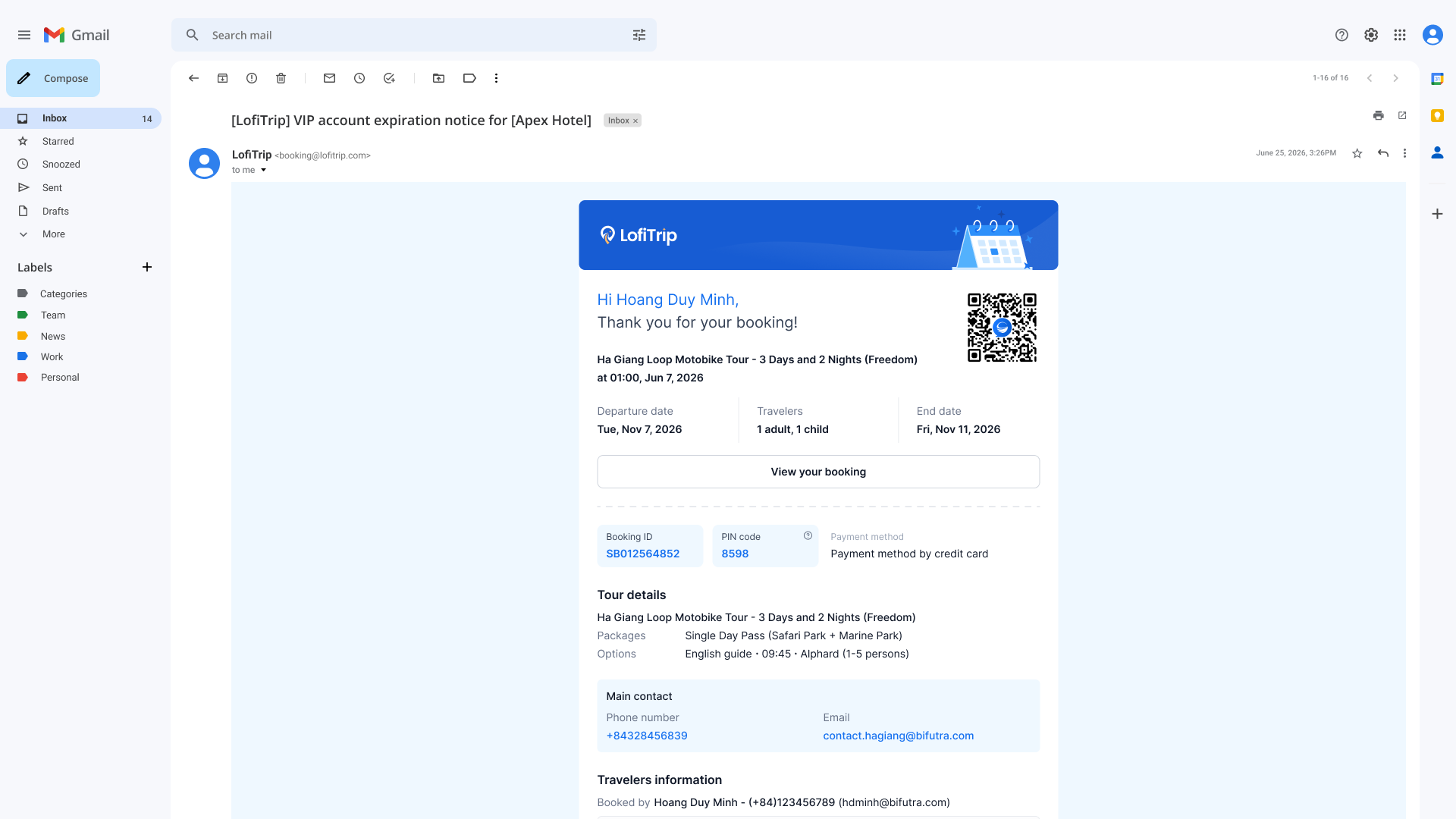 Booking confirmation email received by a traveler after completing a tour reservation