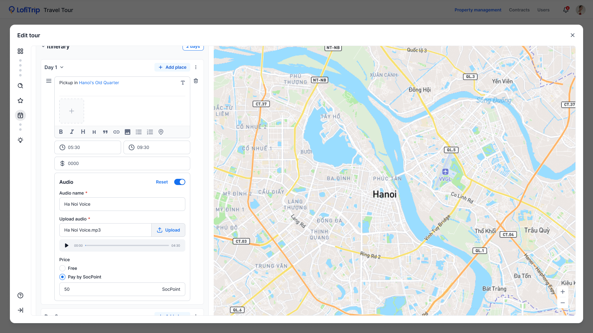 Tour itinerary editor with a day-by-day schedule, pickup point, and route map