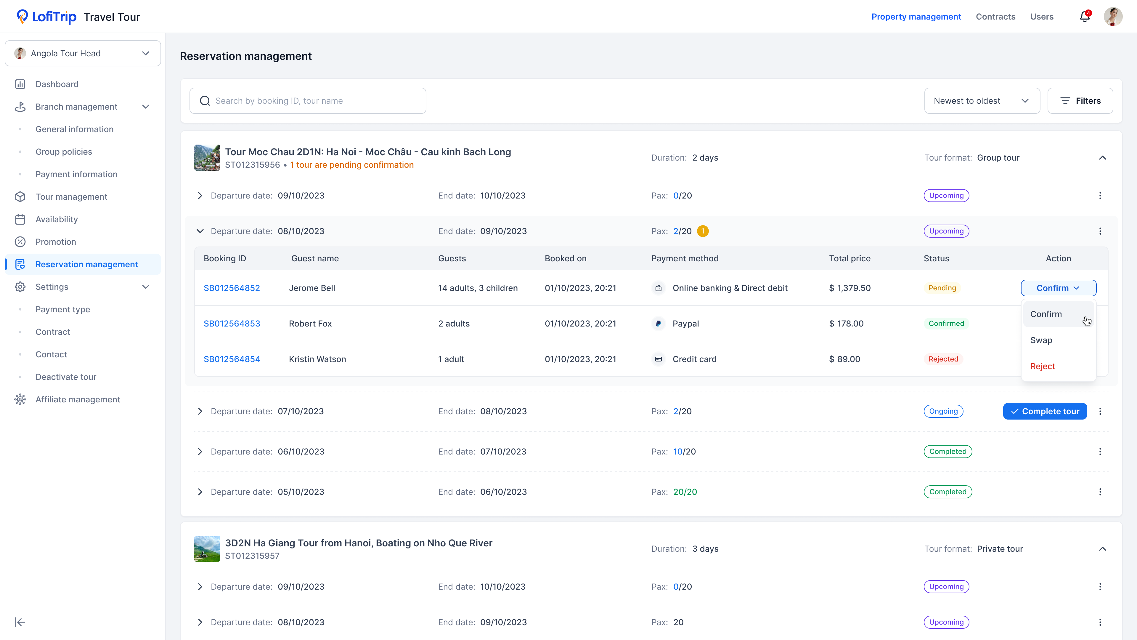 Reservation management screen listing tour departures, guest bookings, and confirmation actions