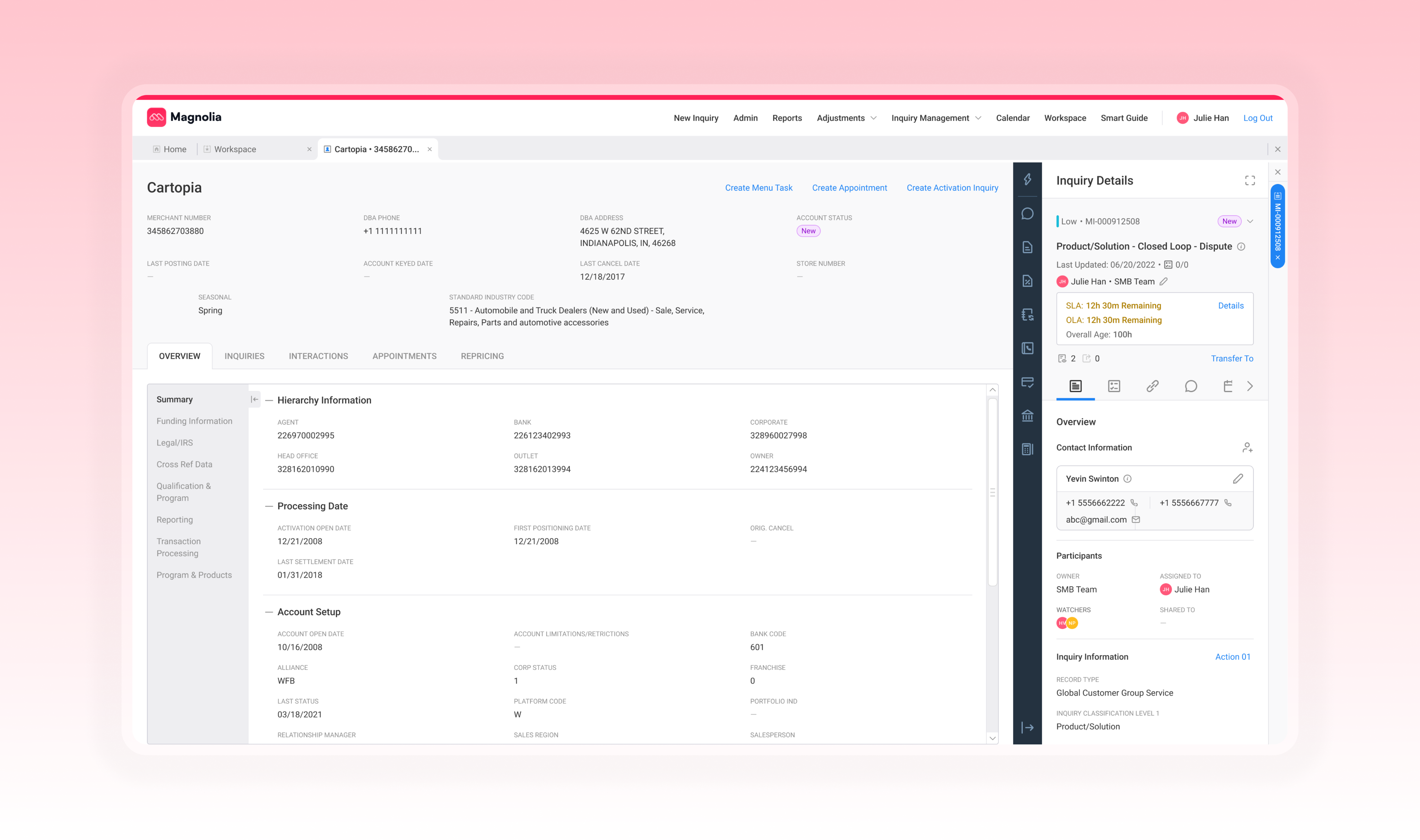 Mockup of persistent merchant context visible throughout the investigation