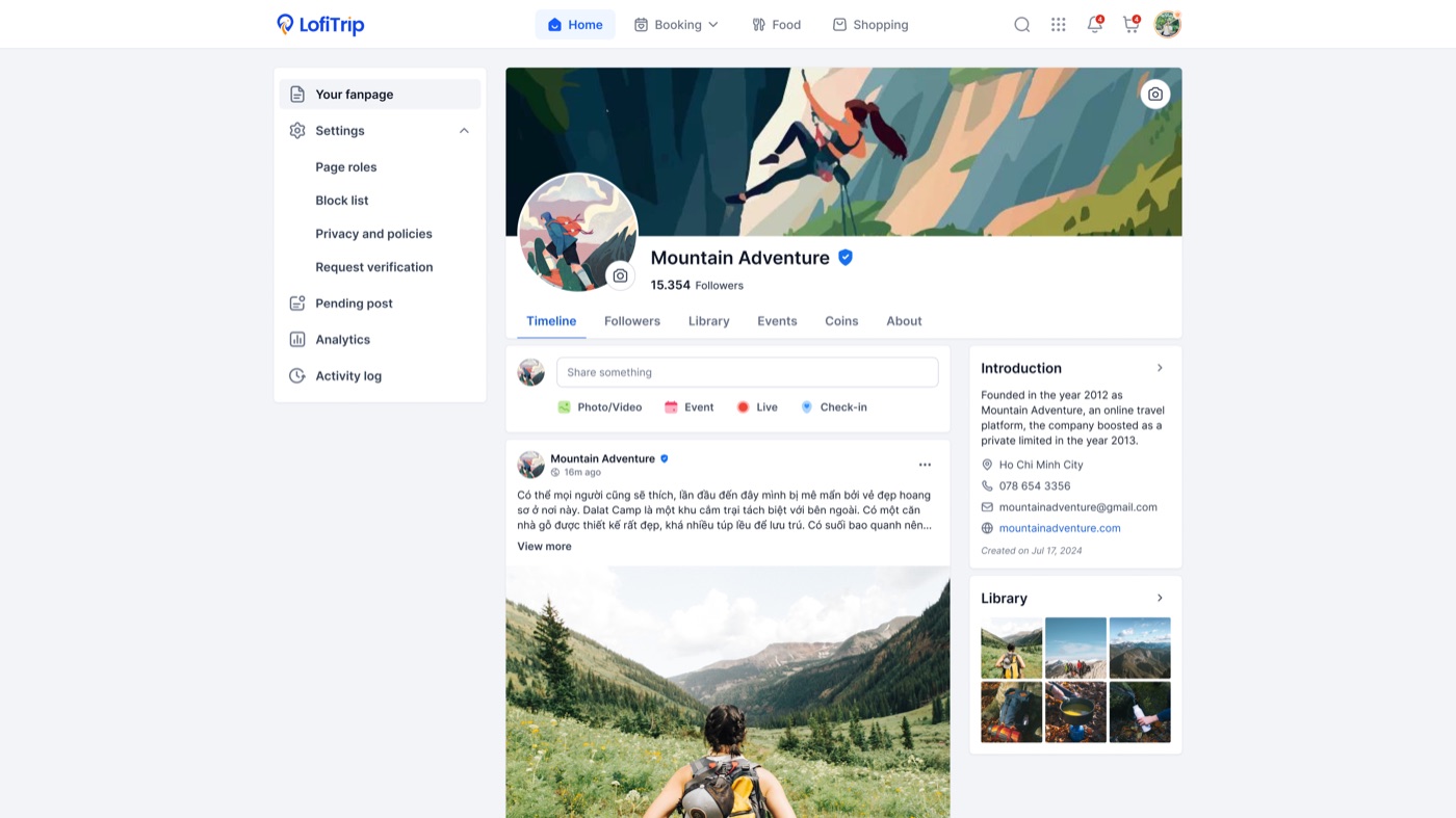 Fanpage homepage screen