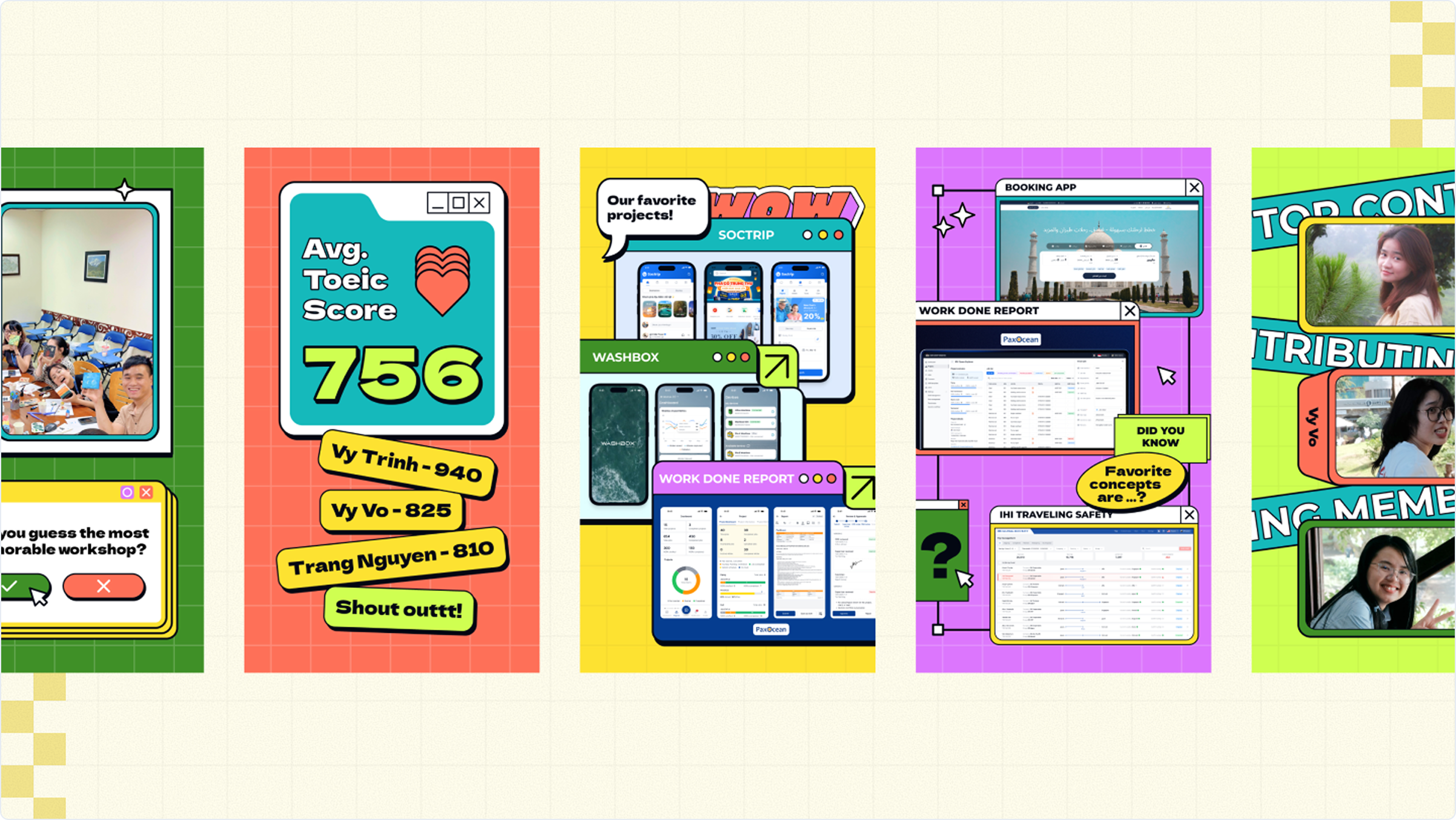 Tiles spotlighting a memorable workshop, average TOEIC scores, favorite shipped projects, and top contributing members