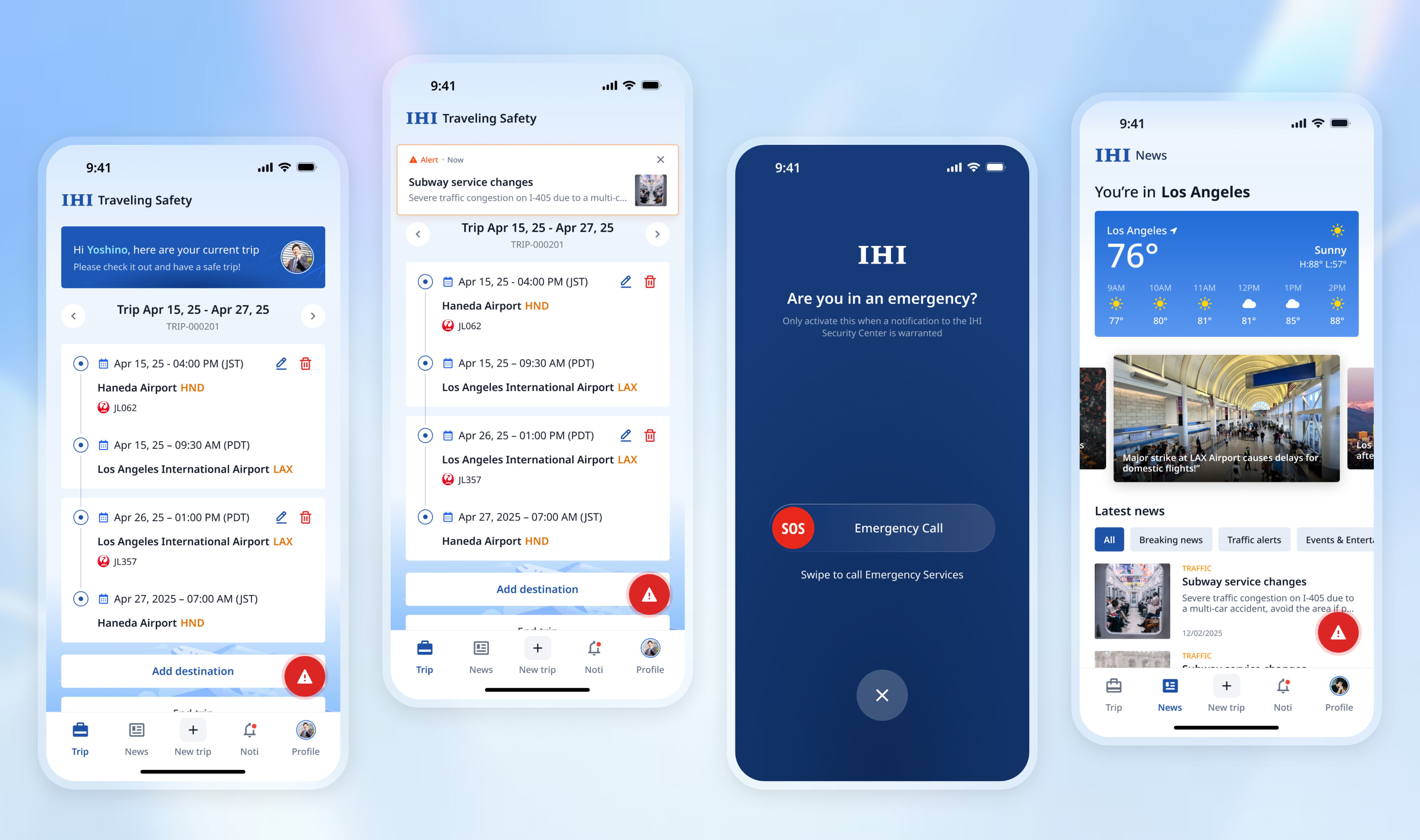 Mobile app screens for travel itinerary, check-in, and incident reporting