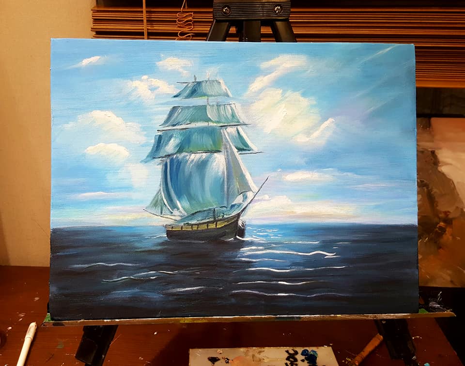 Oil painting of a tall ship sailing under a bright blue sky