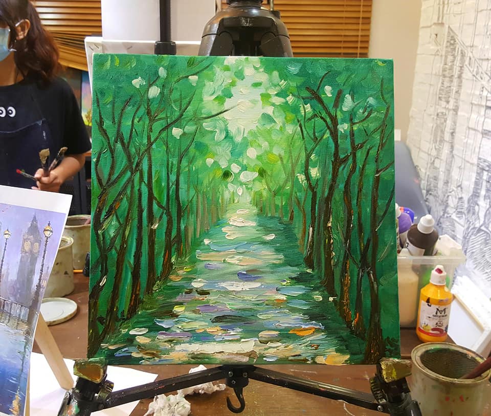 Oil painting of a glowing green forest path lined with trees