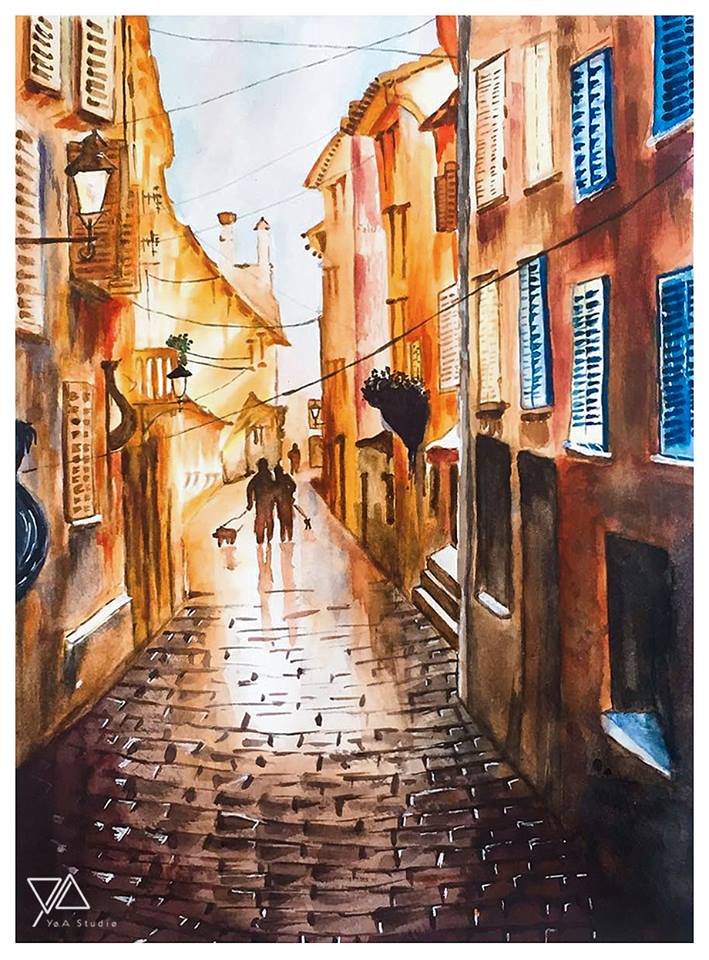 Watercolor painting of a rainy cobblestone street between old European buildings