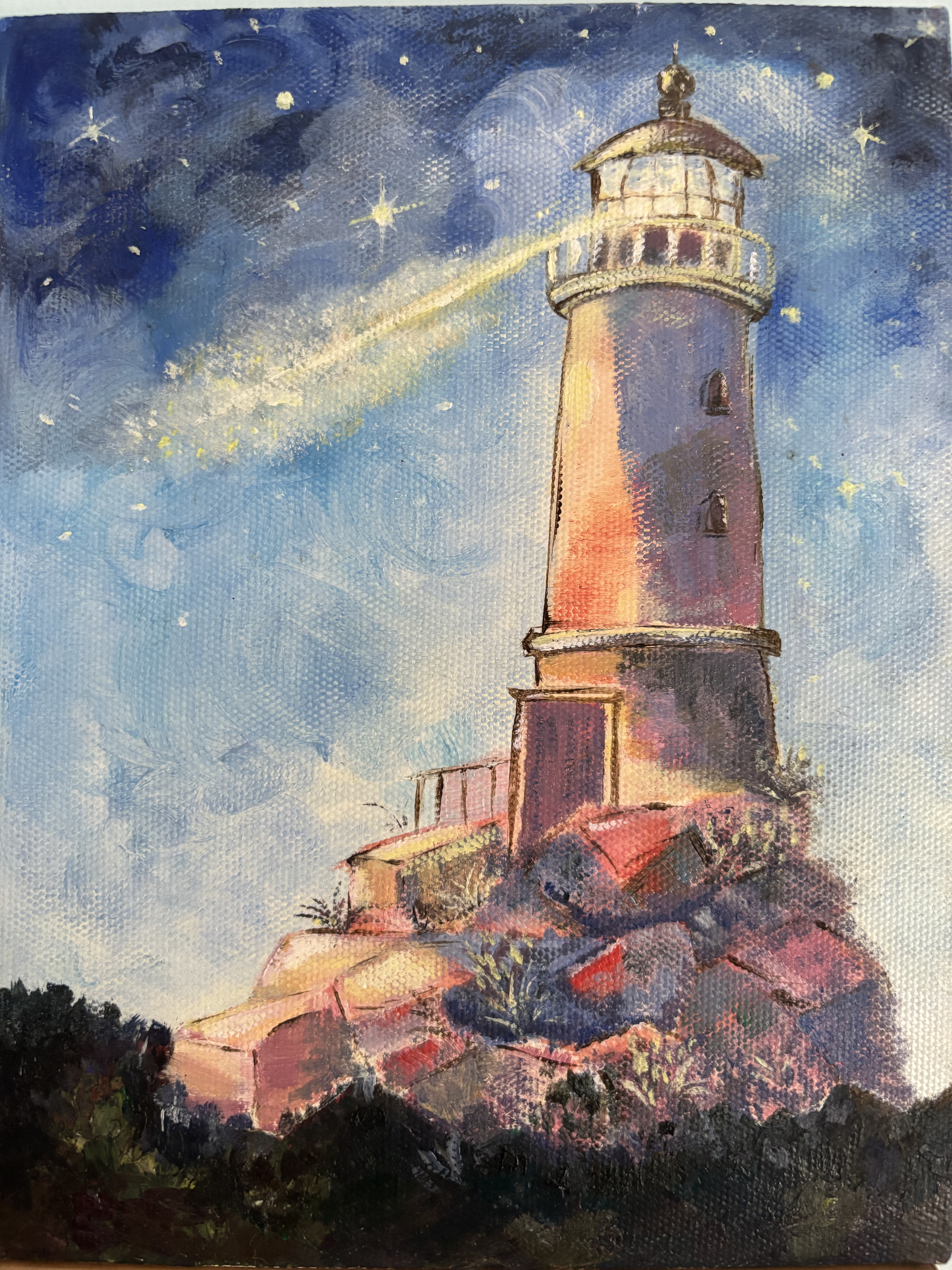 Acrylic painting of a lighthouse beaming light into a starry night sky