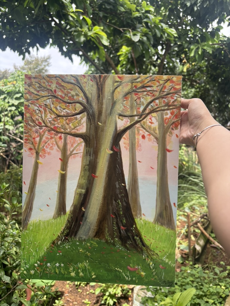 Oil painting of a large tree with autumn-colored leaves