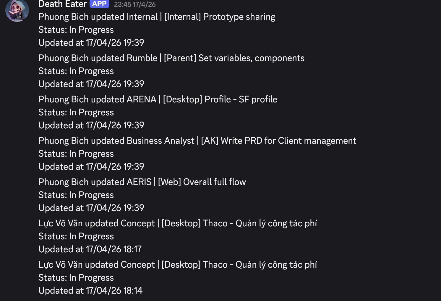 Discord notifications showing task and status updates