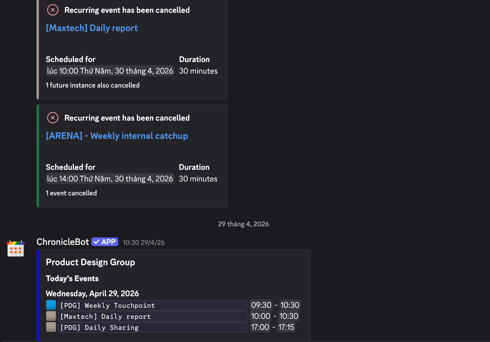 Discord notifications showing calendar event updates