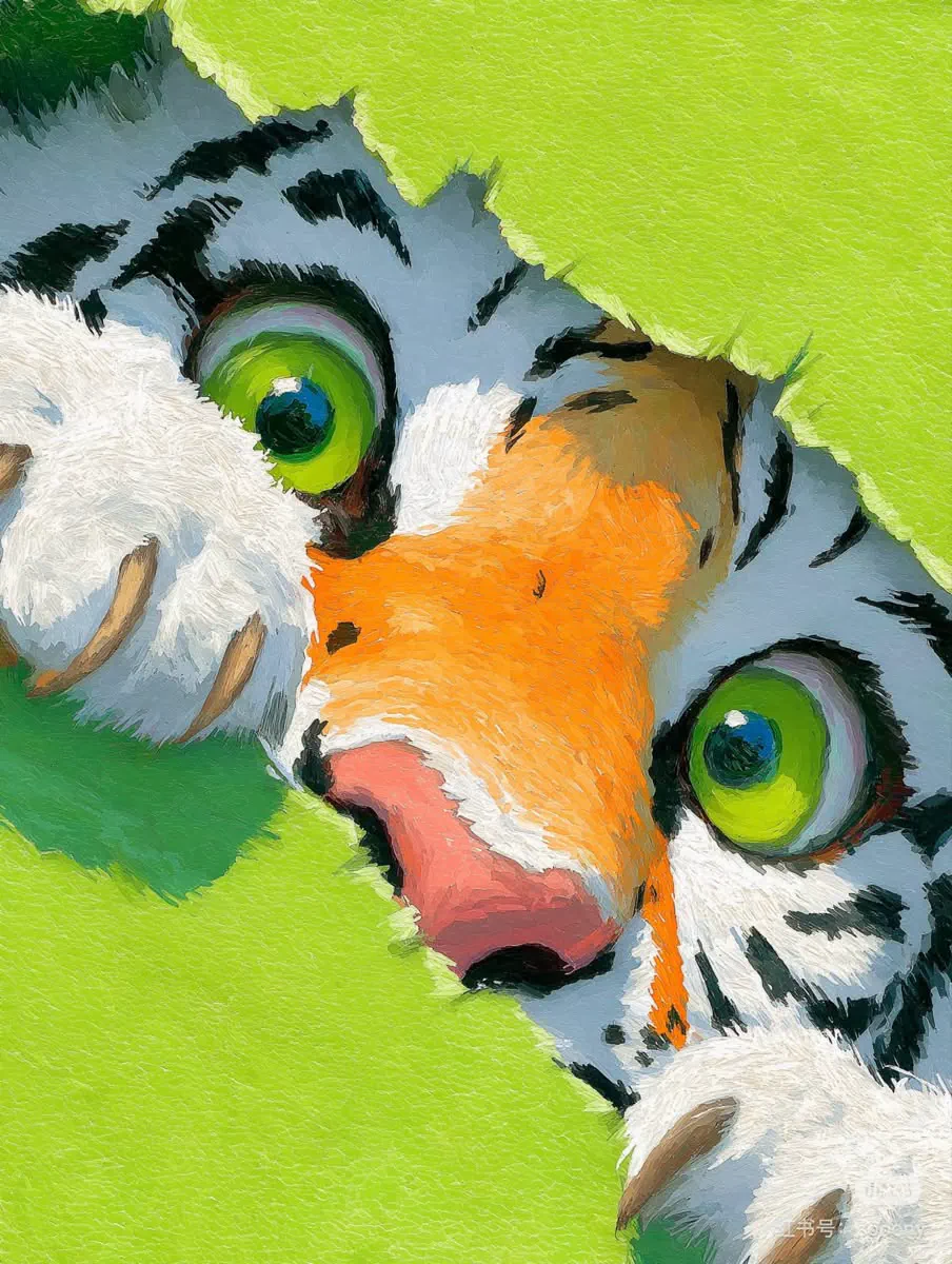 Illustration of a white tiger peeking through torn green paper