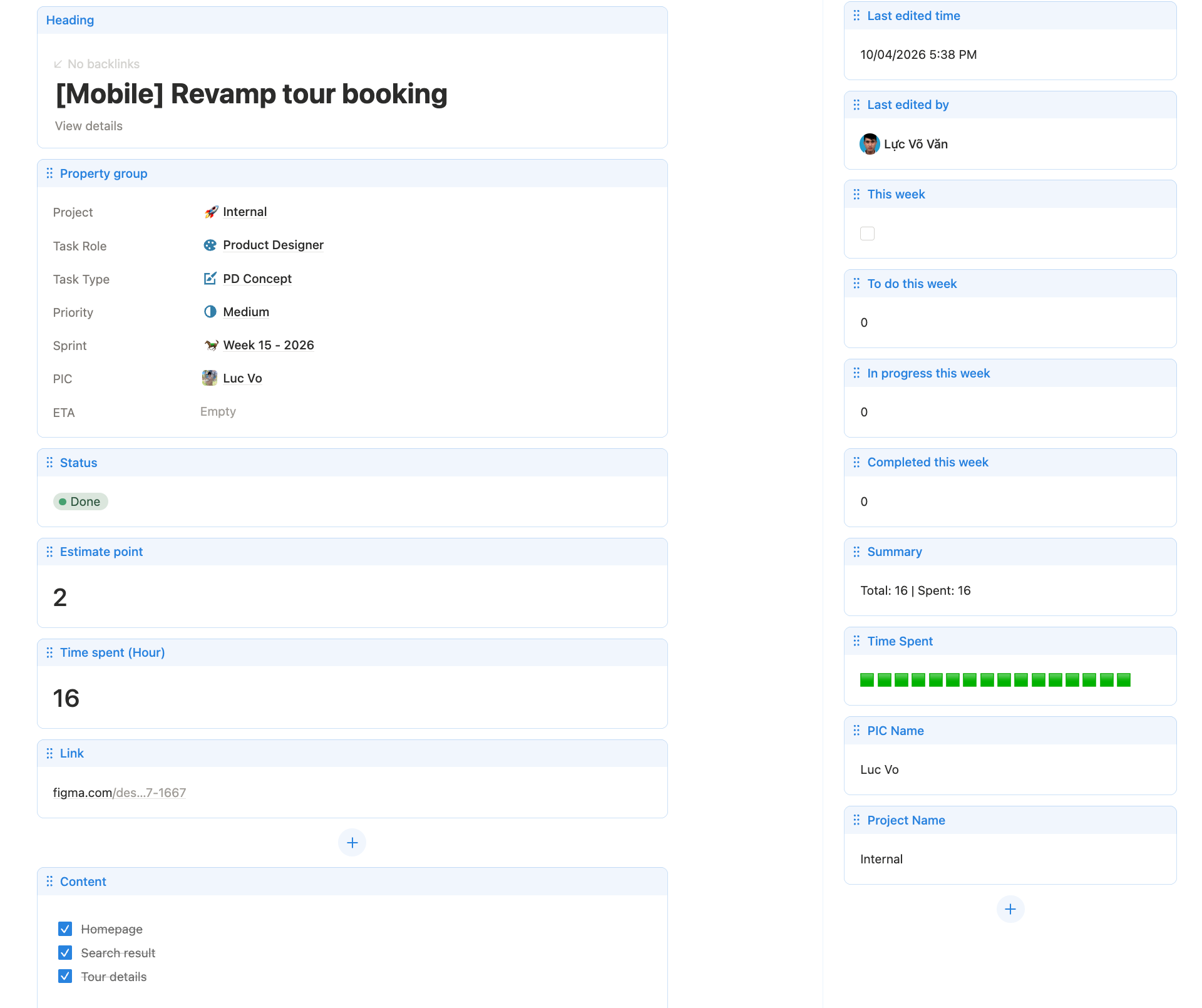 A Notion task page showing project details, status, estimate points, and time spent