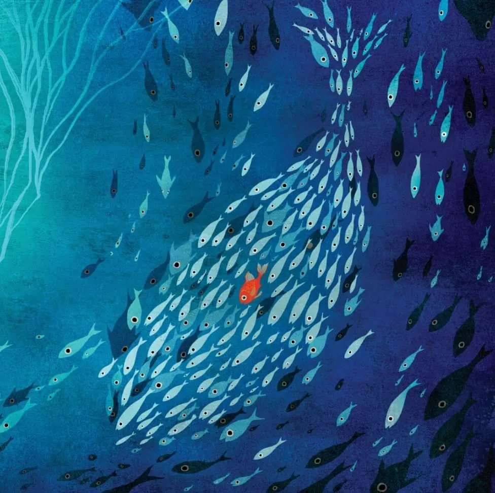 Illustration of a school of fish with one red fish swimming among them