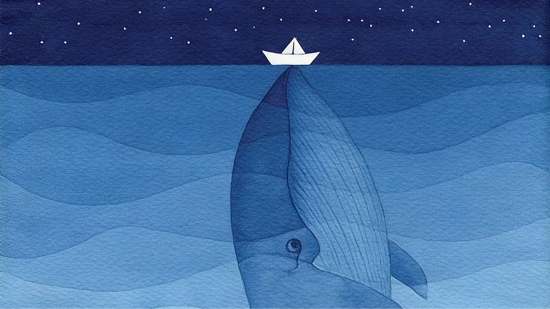 Illustration of a whale swimming beneath a small paper boat under a starry sky
