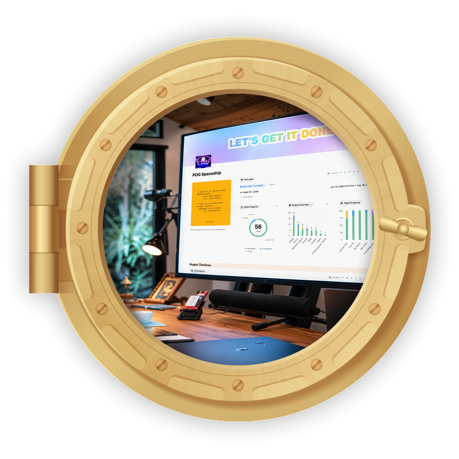 A large monitor showing a Notion workspace for a design team
