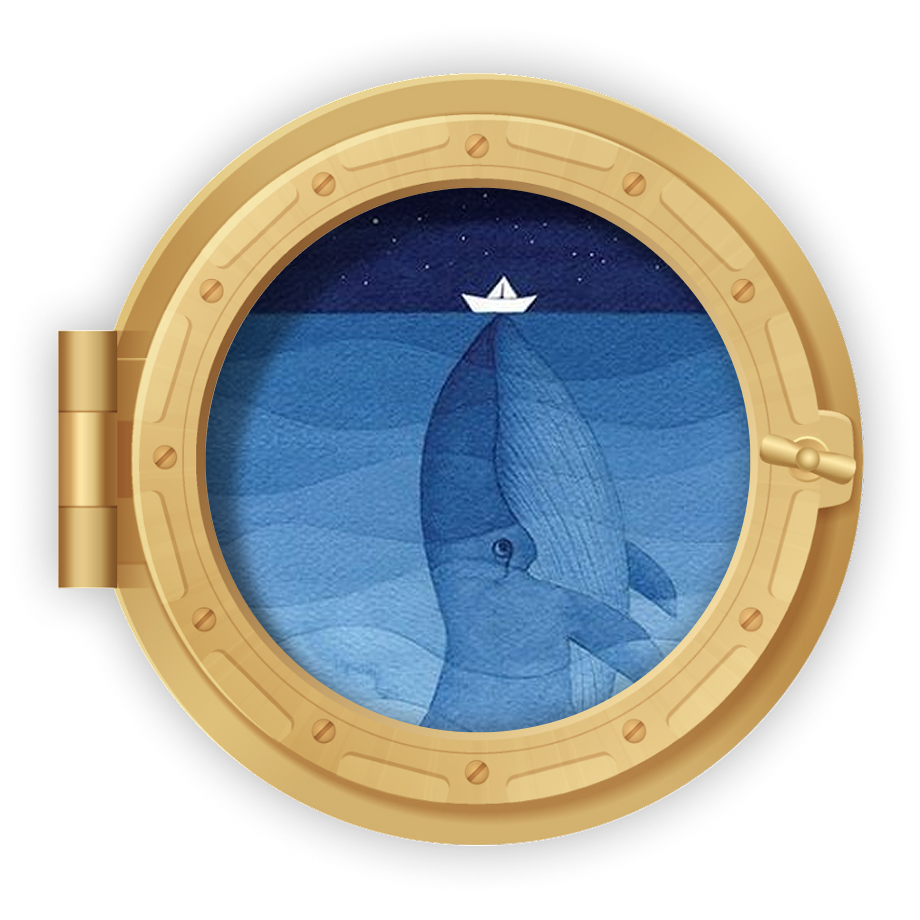 Illustration of a whale swimming beneath a small paper boat under a starry sky