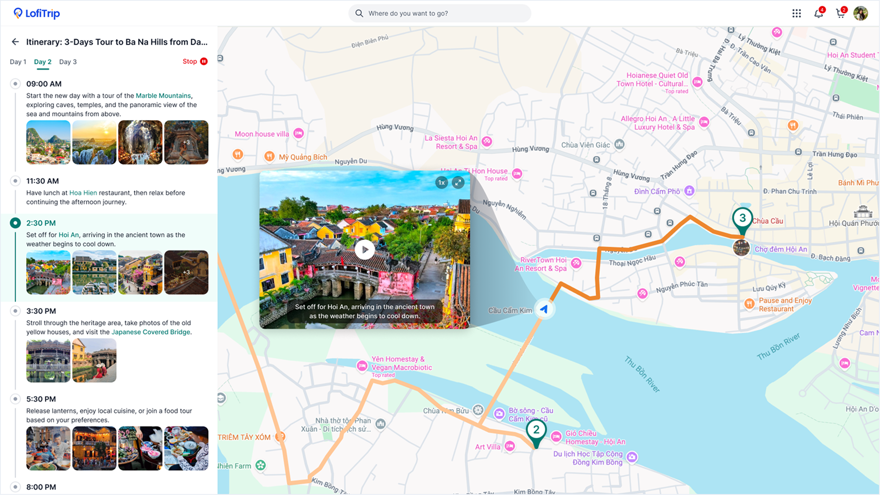 Day-by-day itinerary view with a route map and a video preview card for the Hoi An ancient town stop